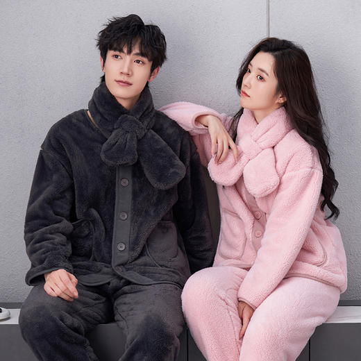 芬腾【送围巾】珊瑚绒睡衣女秋冬季加绒加厚保暖可外穿家居服套装 商品图0