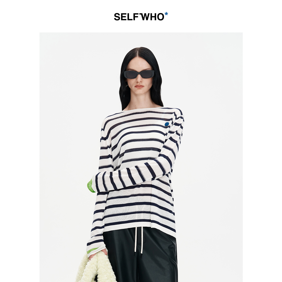 【笑脸衣橱】SELFWHO莱赛尔羊毛混纺撞色条纹针织长袖t恤女2024秋新款薄款上衣