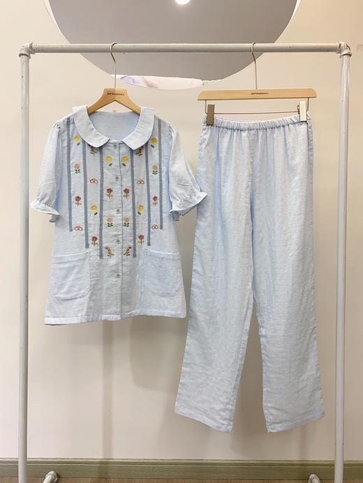松植屋女款圆领小花短袖长裤套装2024夏季全棉纱布女士睡衣家居服 商品图5