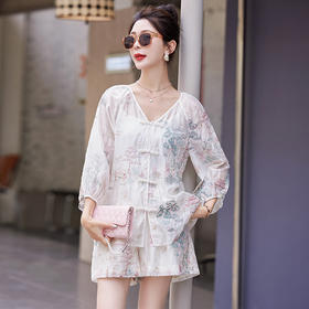 新中式国风短裤套装，宽松刺绣盘扣防晒衣两件套HR-ARE3718
