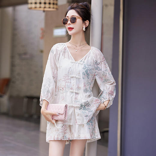 新中式国风短裤套装，宽松刺绣盘扣防晒衣两件套HR-ARE3718 商品图0