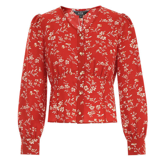 EITIE爱特爱V领复古红色印花显瘦上衣秋季新款C2409406 商品图5