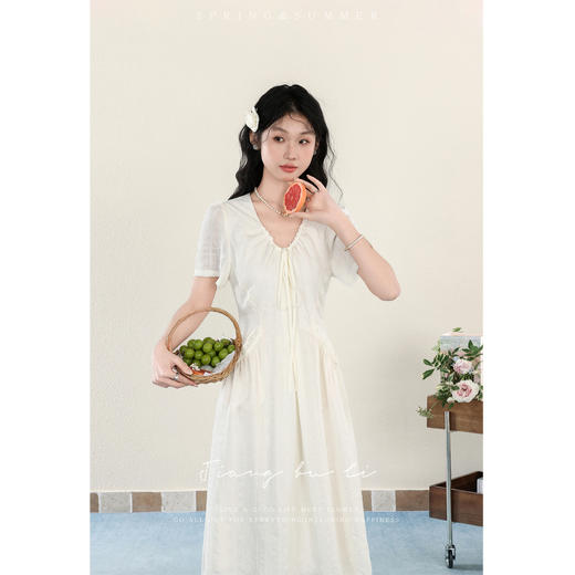 鹿向南「绮梦轻纱」法式复古短袖连衣裙女夏季新款V领中长裙QYM002130 商品图0