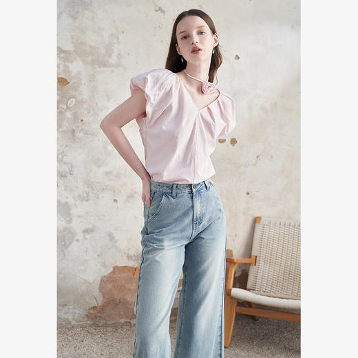 复古优雅温柔泡芙袖衬衫女夏季V领上衣搭玫瑰花飘带衬衣V1341043 商品图1