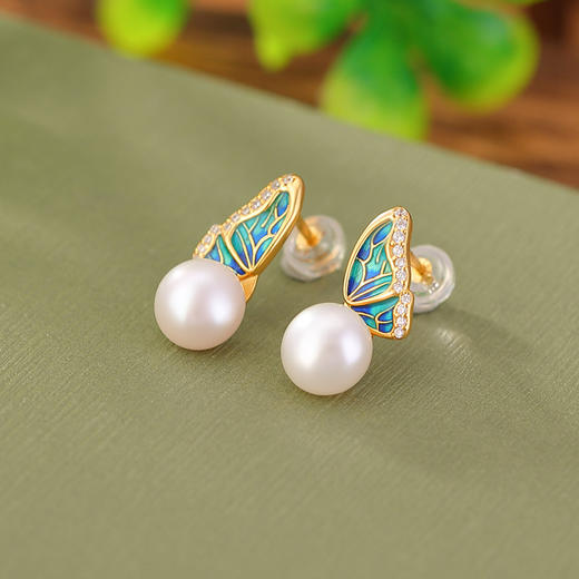 【蝶蝶清歌】S925银镀金珍珠蝴蝶珐琅耳钉【CW-ED03285】 商品图1