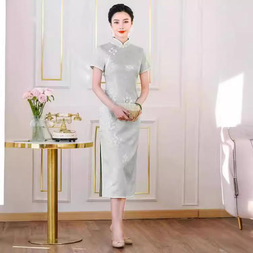 高端真丝旗袍复古新中式修身HQ215绿 商品图1