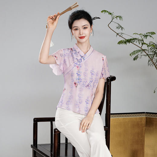 【夏蝶】真丝汉交领新中式国风，日常改良喇叭袖唐装上衣XGT- T24113 商品图2