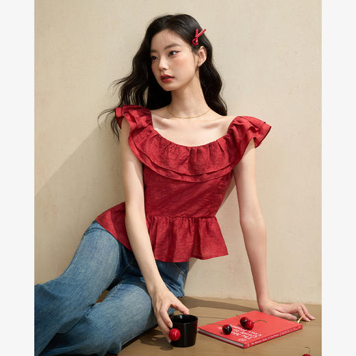 法式浪漫复古暗纹提花衬衫女度假荷叶边方领上衣V2541960 商品图0