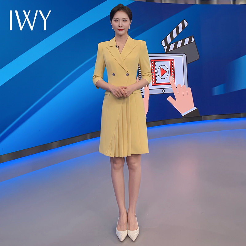 IWY/黄色西装连衣裙七分袖主持人艺考播音正式场合Q14103