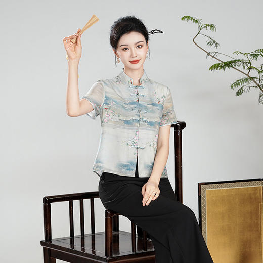 【云蓝】改良新中式国风，前开襟唐装桑蚕丝上衣XGT-T24112 商品图1