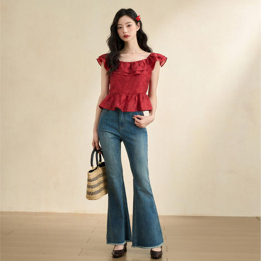 法式浪漫复古暗纹提花衬衫女度假荷叶边方领上衣V2541960 商品图1