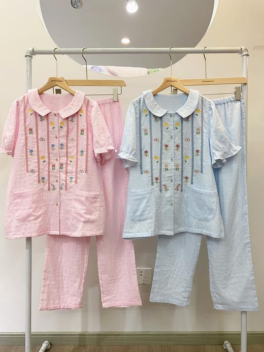 松植屋女款圆领小花短袖长裤套装2024夏季全棉纱布女士睡衣家居服 商品图4