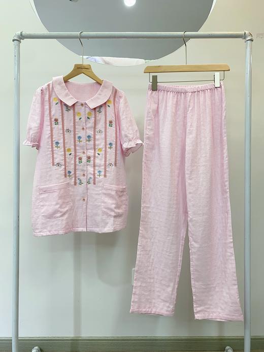 松植屋女款圆领小花短袖长裤套装2024夏季全棉纱布女士睡衣家居服 商品图2