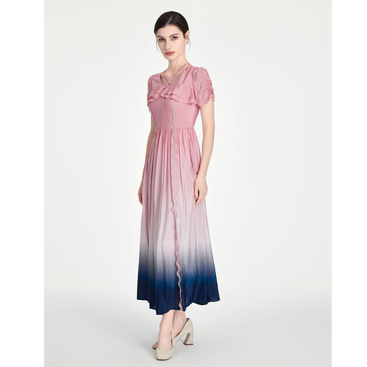 司歌渐变长连衣裙短袖荷叶收腰A891102X 商品图0