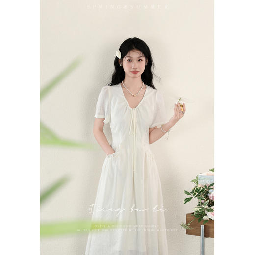 鹿向南「绮梦轻纱」法式复古短袖连衣裙女夏季新款V领中长裙QYM002130 商品图1