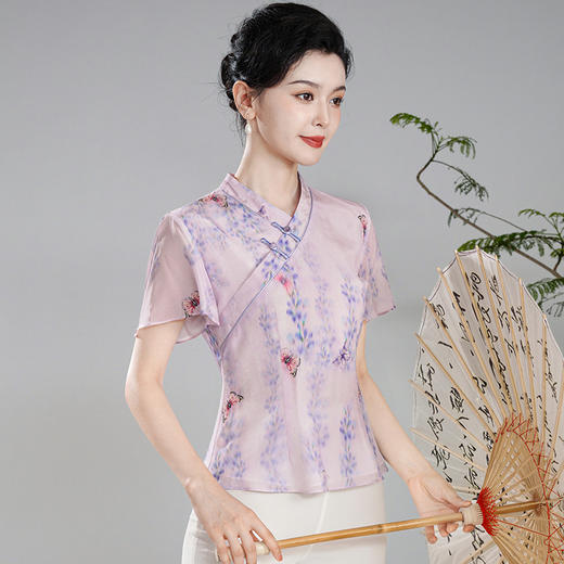 【夏蝶】真丝汉交领新中式国风，日常改良喇叭袖唐装上衣XGT- T24113 商品图1