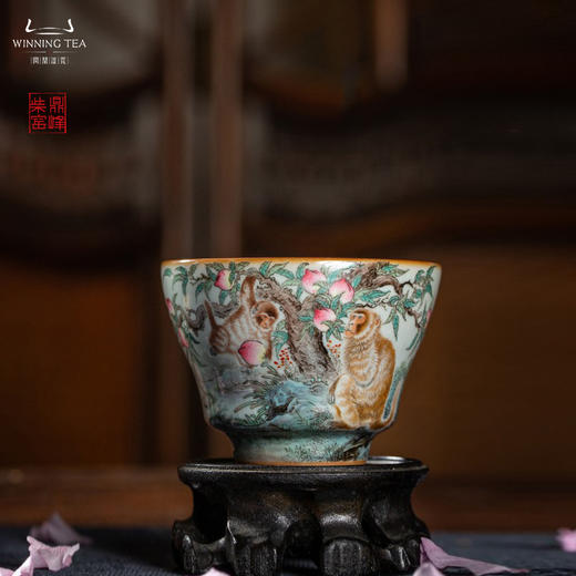 问鼎汝瓷鼎峰柴窑天青馥郁杯（金猴献桃） 商品图0