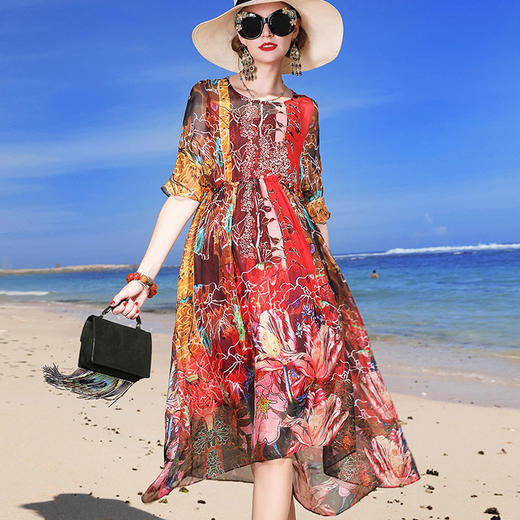 丁摩 真丝连衣裙印花时尚海边度假桑蚕丝连衣裙20-80DA499 商品图0