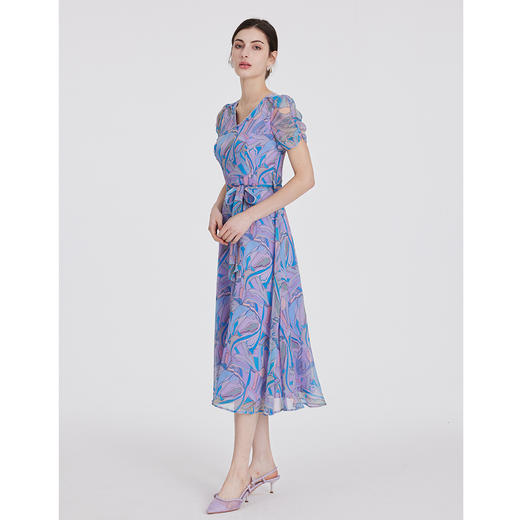 司歌雪纺印花v领连衣裙短袖收腰时尚A891049X 商品图4