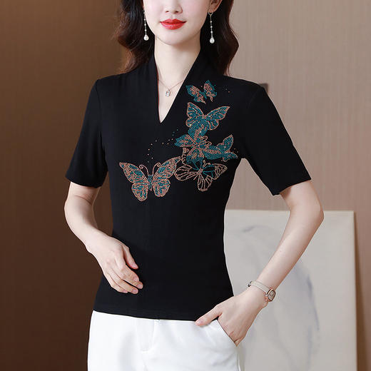 SMZ18560重工烫钻小衫女2024夏季新款v领短袖t恤薄款修身显瘦洋气套头上衣 商品图2