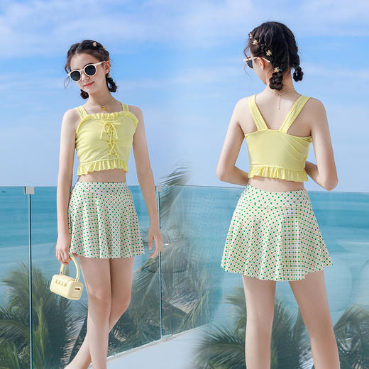 【甜美风分体泳衣，时尚感爆棚吸睛单品】撞色拼接设计 简约潮流儿童泳衣 女童新款中大童少女 可爱波点清新 无袖分体裙式 度假游泳衣-QQ 商品图5