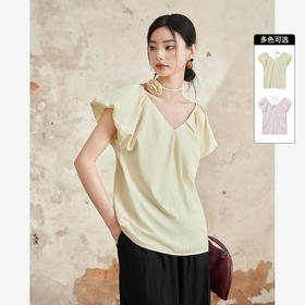 复古优雅温柔泡芙袖衬衫女夏季V领上衣搭玫瑰花飘带衬衣V1341043