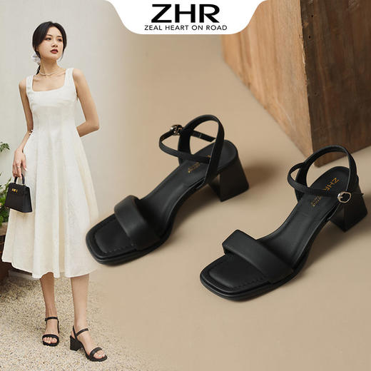 ZHR一字带粗跟凉鞋2023新款凉鞋女外穿洋气超仙鞋子夏季百搭凉鞋 商品图1