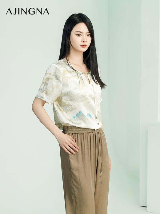 【商场同款】阿菁娜2024夏季新款新中式水墨画宽松小衫A30X202035 商品图1