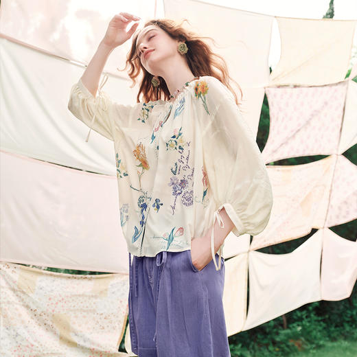 两三事梵高文艺写生花集2024夏季新款印花绑带灯笼袖衬衫女宽松 商品图2
