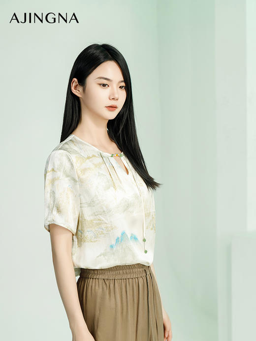 【商场同款】阿菁娜2024夏季新款新中式水墨画宽松小衫A30X202035 商品图2