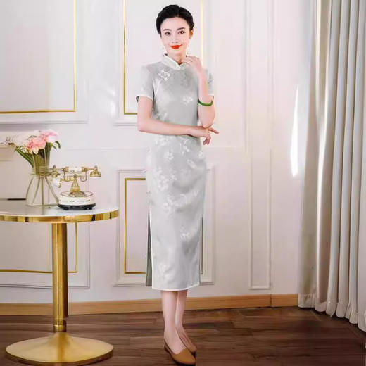 高端真丝旗袍复古新中式修身HQ215绿 商品图3