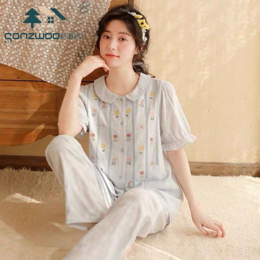 松植屋女款圆领小花短袖长裤套装2024夏季全棉纱布女士睡衣家居服 商品图1