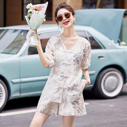 新中式国风短裤套装，宽松刺绣盘扣防晒衣两件套HR-ARE3718 商品图2