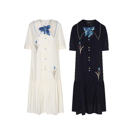 两三事 浓情香郁 2024夏季新款小清新印花系带绣花衬衫裙连衣裙 商品图4