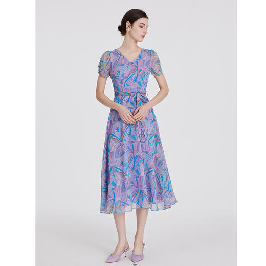 司歌雪纺印花v领连衣裙短袖收腰时尚A891049X 商品图2