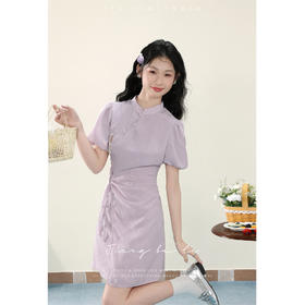 鹿向南「紫菀芳菲」新中式短款连衣裙夏季新款收腰系带开衩短裙
