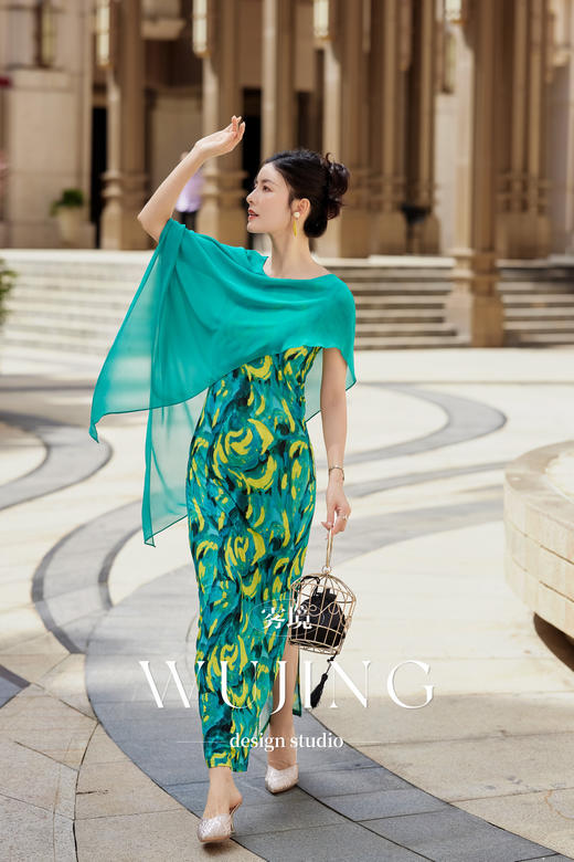 【雾境定制】空谷幽兰系列高级气质进口乔其纱+进口弹力缎连衣裙 3204134 商品图1