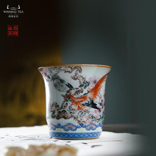 问鼎汝瓷鼎峰柴窑天青竹节杯（绶带双栖） 商品图0