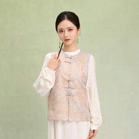 荷言HEYEN 阮郎归 对襟葫芦织金罗手工白贝珠金线缠线一字扣招财进宝圆金扣马甲高级定制