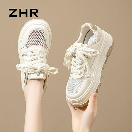 ZHR则则透气网面鞋厚底百搭小白鞋轻便超软板鞋麦穗松糕底休闲鞋 商品图1