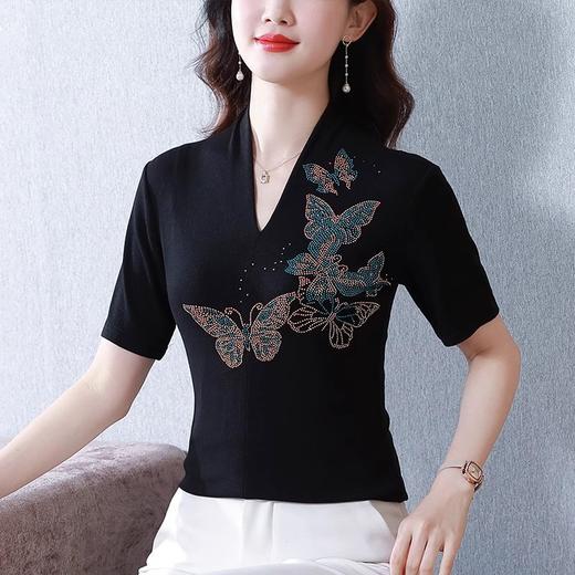 SMZ18560重工烫钻小衫女2024夏季新款v领短袖t恤薄款修身显瘦洋气套头上衣 商品图1