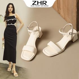 ZHR一字带粗跟凉鞋2023新款凉鞋女外穿洋气超仙鞋子夏季百搭凉鞋