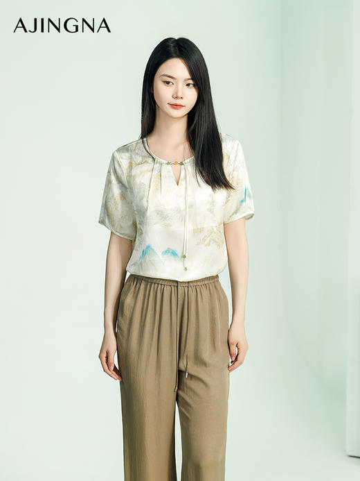 【商场同款】阿菁娜2024夏季新款新中式水墨画宽松小衫A30X202035 商品图0