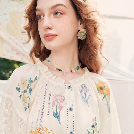 两三事梵高文艺写生花集2024夏季新款印花绑带灯笼袖衬衫女宽松 商品图3