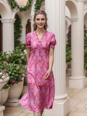 V领弧形破刀优雅印花大摆连衣裙