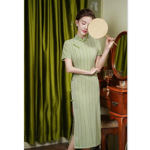 棉麻格子长款短袖，复古国风旗袍裙SYK-20917 商品图2