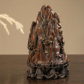 清 竹雕山水人物山子摆件（红木座）