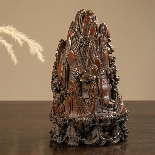 清 竹雕山水人物山子摆件（红木座） 商品图0