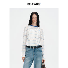 【笑脸衣橱】SELFWHO亚麻棉混纺海魂条纹针织衫女秋2024新款慵懒宽松圆领上衣