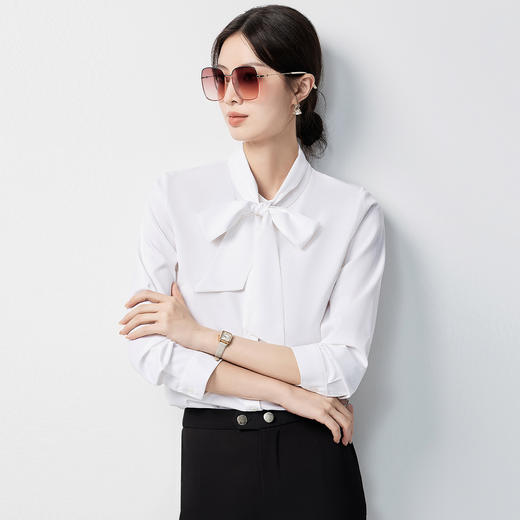 【蝴蝶结系带领】罗蒙女士长袖衬衫舒适微弹优雅气质时尚有型衬衣女 商品图1